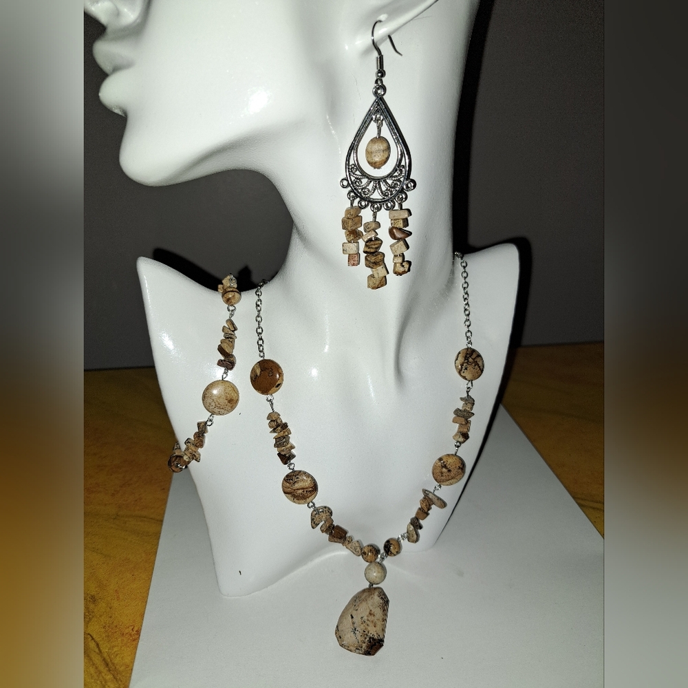 Picture Jasper Necklace & Bracelet in Stainless Steel. Free Earrings.